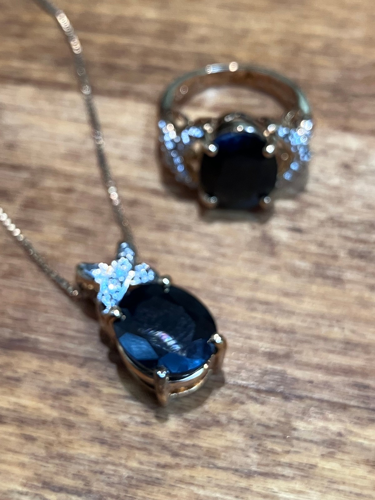 Natural Dark Sapphire 18K Rose Vermeil Clad Sterling Technibond Pendant Ring set