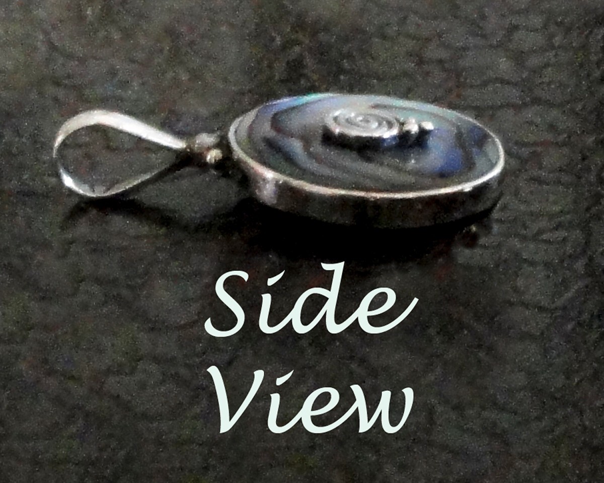 VTG Sajen Abalone Sterling Silver Round Pendant Swirl Green Blue 1-1/16″ Long