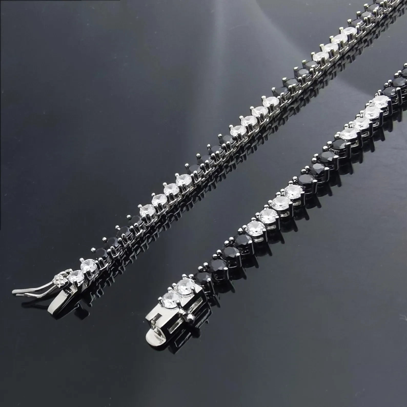 4mm Black & White Diamond Lab Created Tennis Necklace 14K White Gold Plated 18″