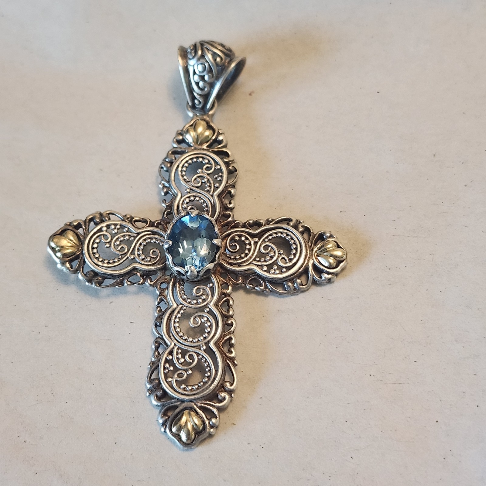 Robert Manse Sterling Silver 925 and 18k Gold Cross Blue Topaz Pendant