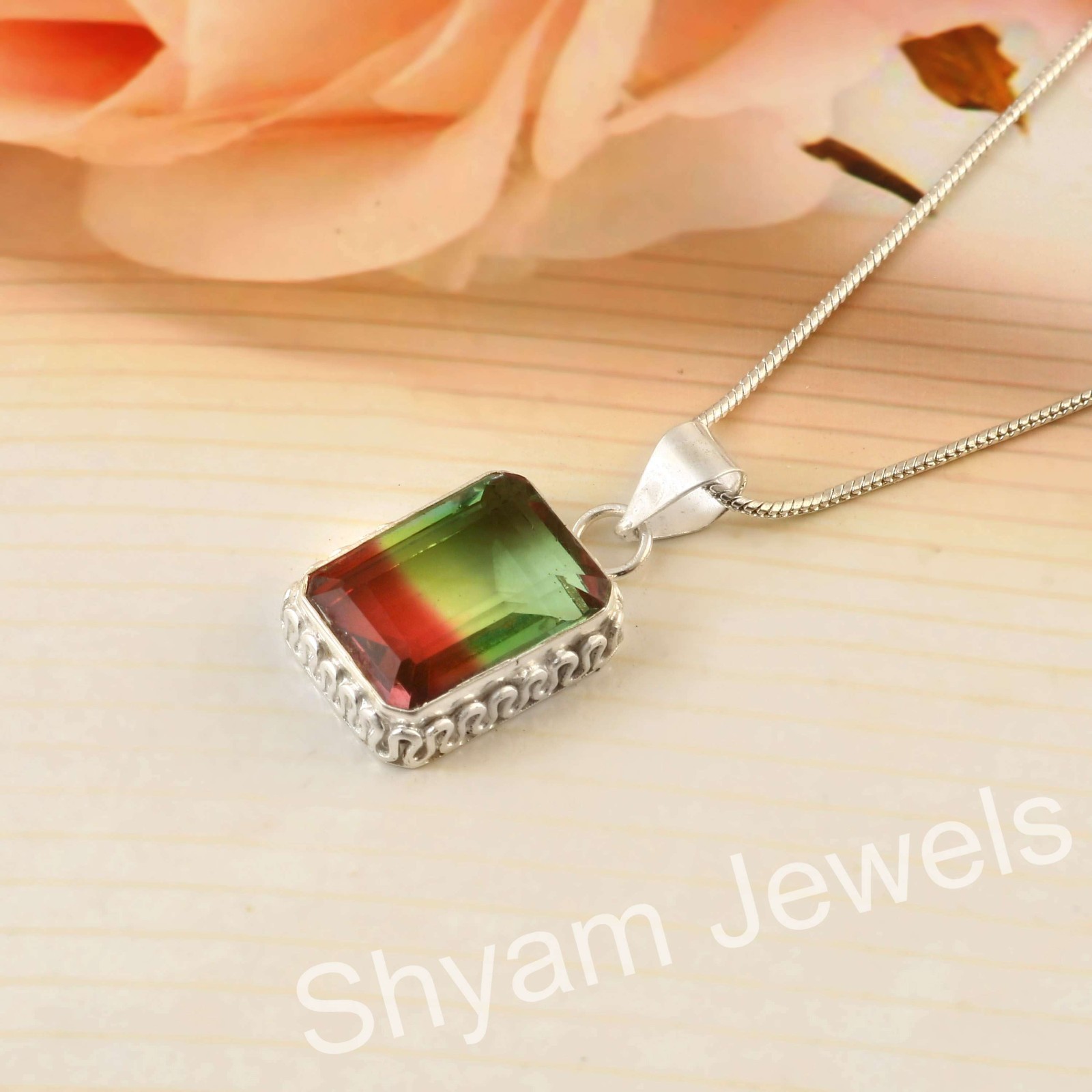 Sterling Silver Genuine Multi Tourmaline Gemstone Pendant With Chain Jewelry