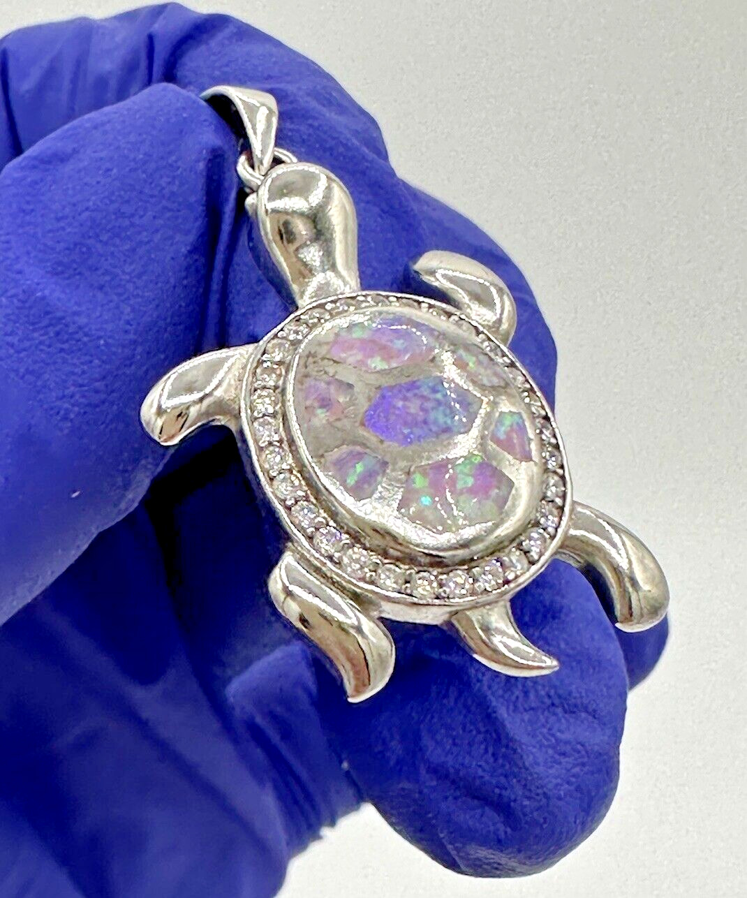 NEW Sterling Silver 925 Female Multicolor Opal Cute Sea Turtle Pendant 1.4”