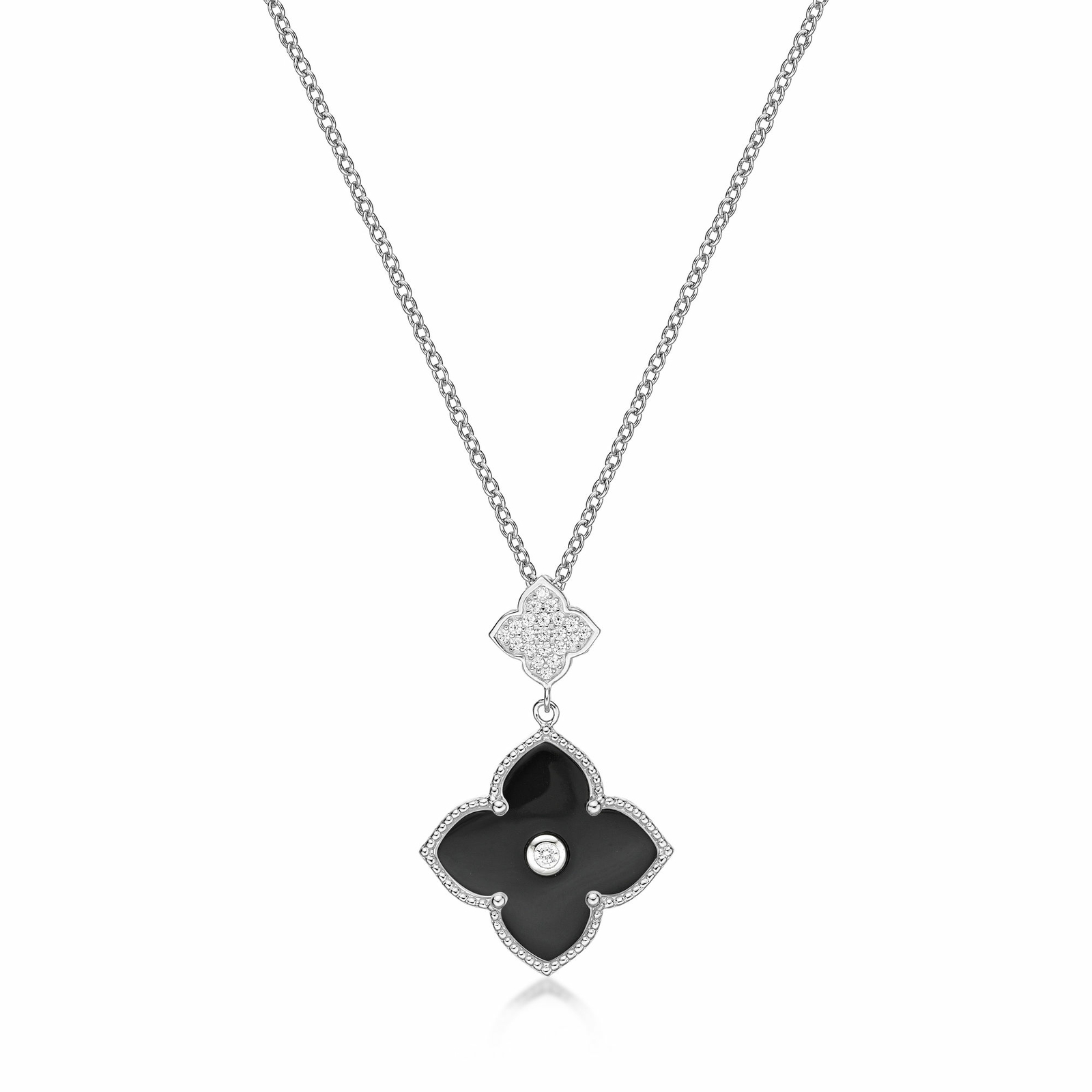 Black Onyx Cubic Zirconia Double Flower Pendant Necklace Sterling Silver 16-18″