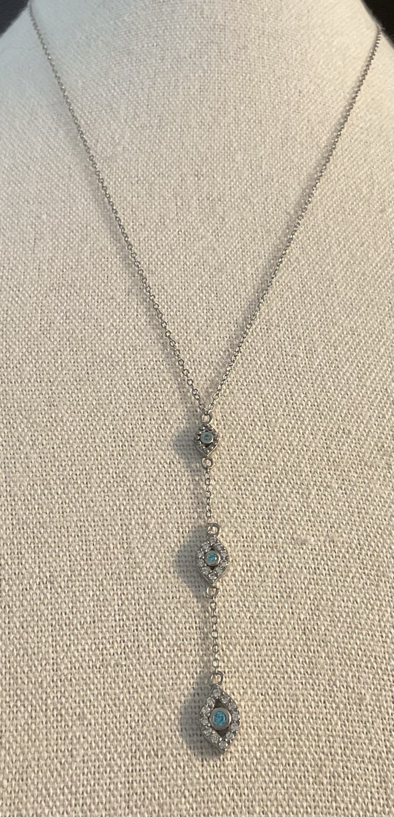 FAS Signed STERLING SILVER EVIL EYE 3 Drop PENDANT NECKLACE 16-3” Drop 2.5”