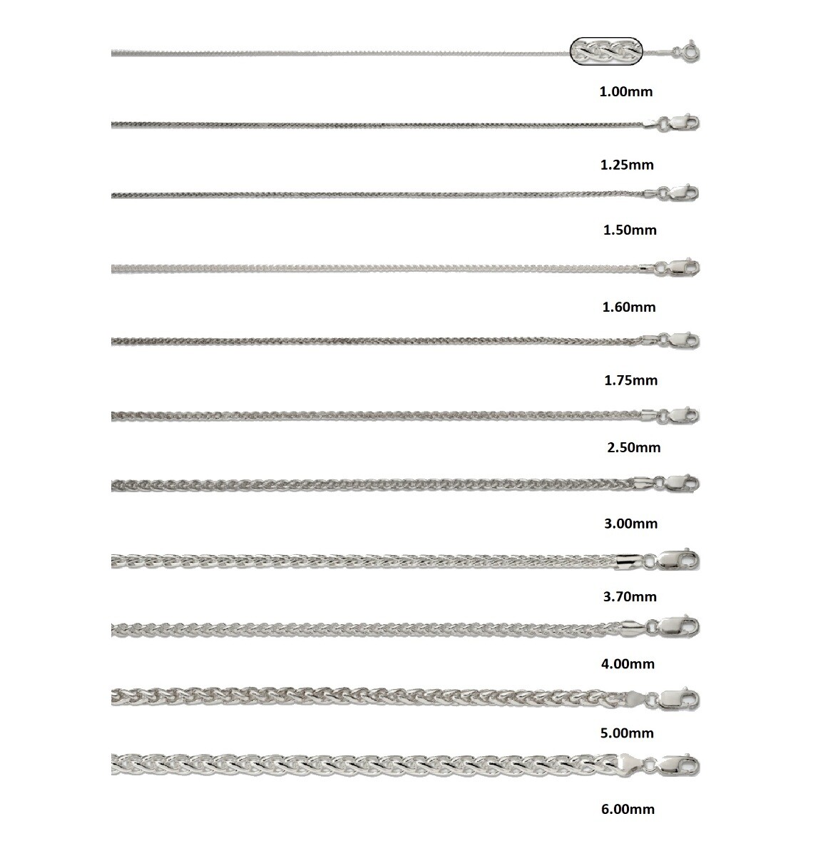 Sterling Silver Round Spiga Chain 16″, 18″, 20″, 22″, 24″, 26″, 28″, 36″ Lengths