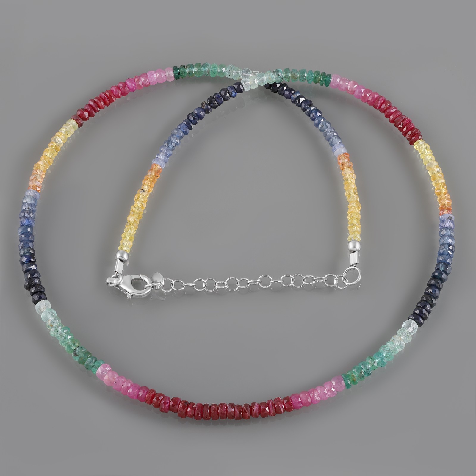 Natural Multi Sapphire Stone Beaded Necklace Faceted Roundel 925 Silver Necklace