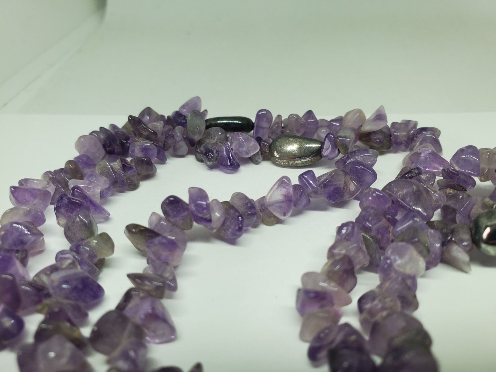 Amethyst Chip Asymmetrical Sterling Silver Long Beaded Necklace 40″