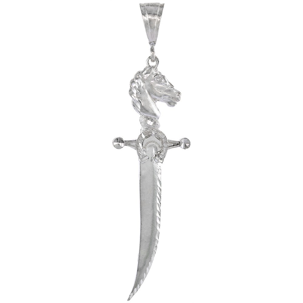 925 Sterling Silver Sword with Horse Hilt Pendant 3 1/2 (88mm) Inch Tall