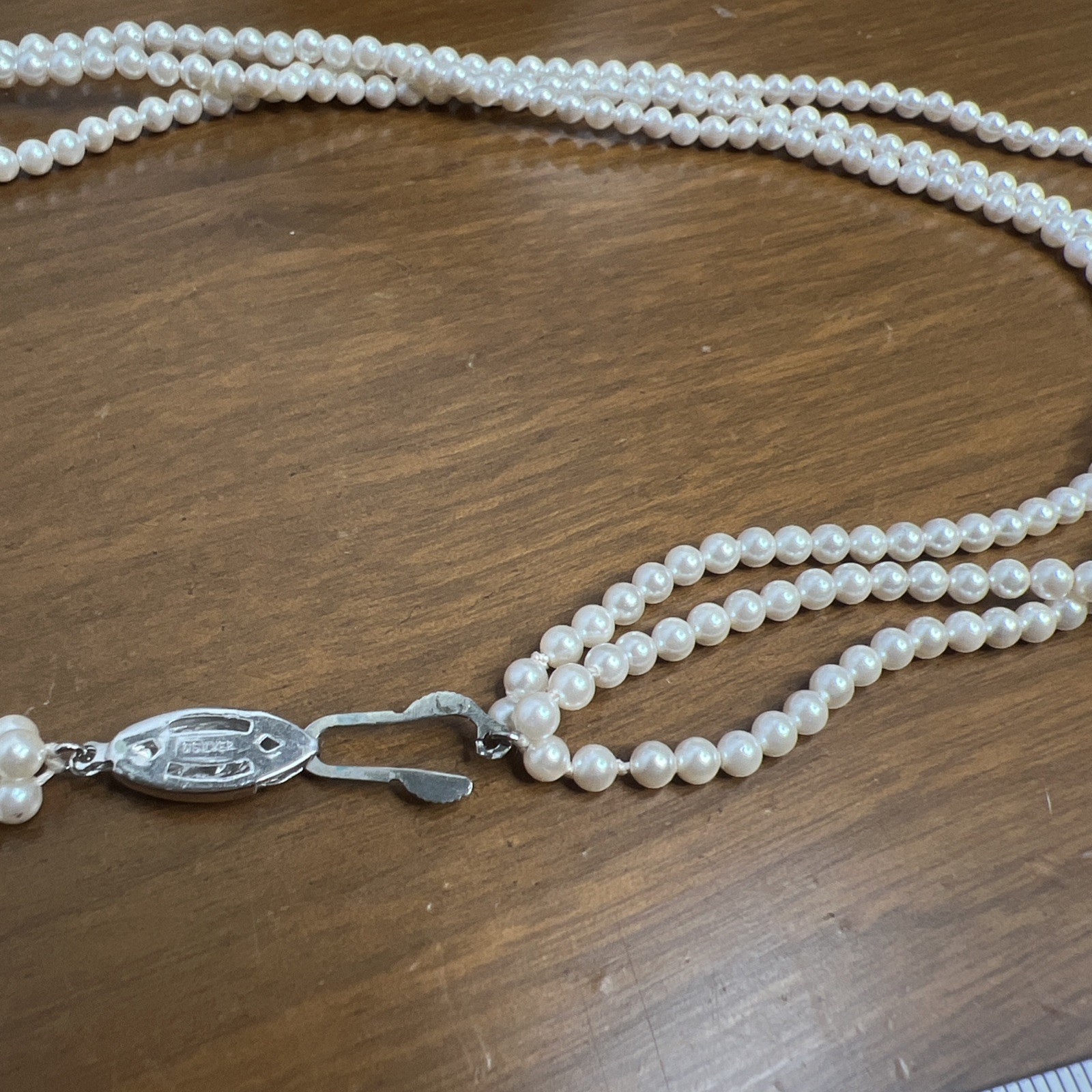 German Vintage G Silver 3 Strand Small Pearl Necklace Faux? ~ 19 Inch