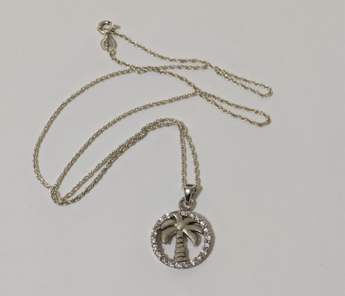 925 Sterling Silver Palm Tree with Crystals and 18″ Sterling Silver Rope Chain