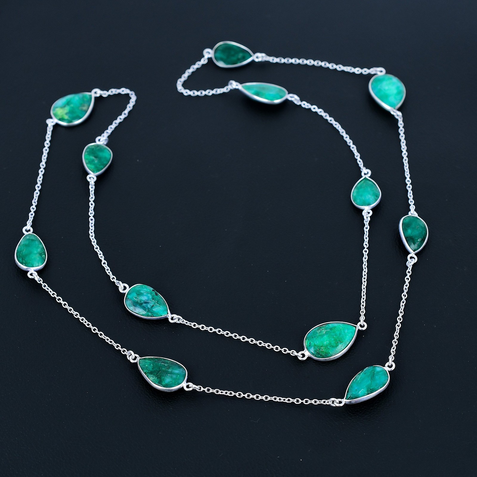 Sakota Mines Emerald Pear Gemstone 925 Sterling Silver Jewelry Necklace 36″ VJ 1