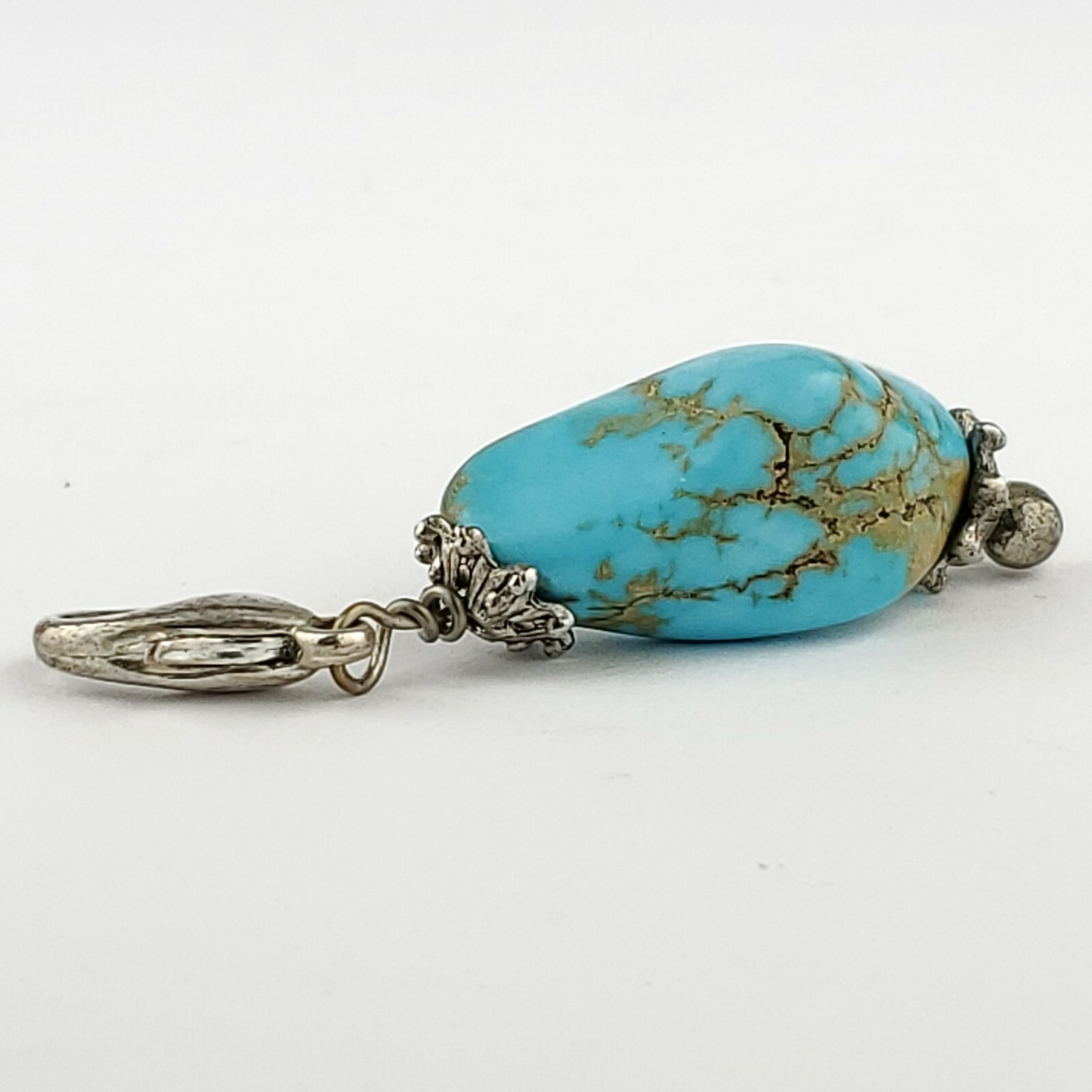 Handmade Turquoise Stone Nugget Charm Pendant Silver Tone Metal Lobster Clasp 2″