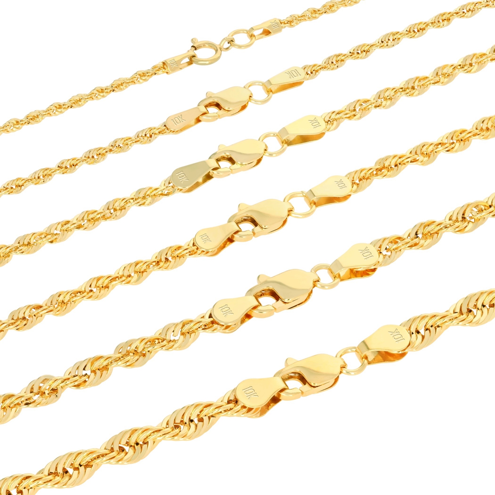 10K Yellow Gold 1mm-4mm Light Diamond Cut Rope Chain Necklace Men Women 16″- 30″