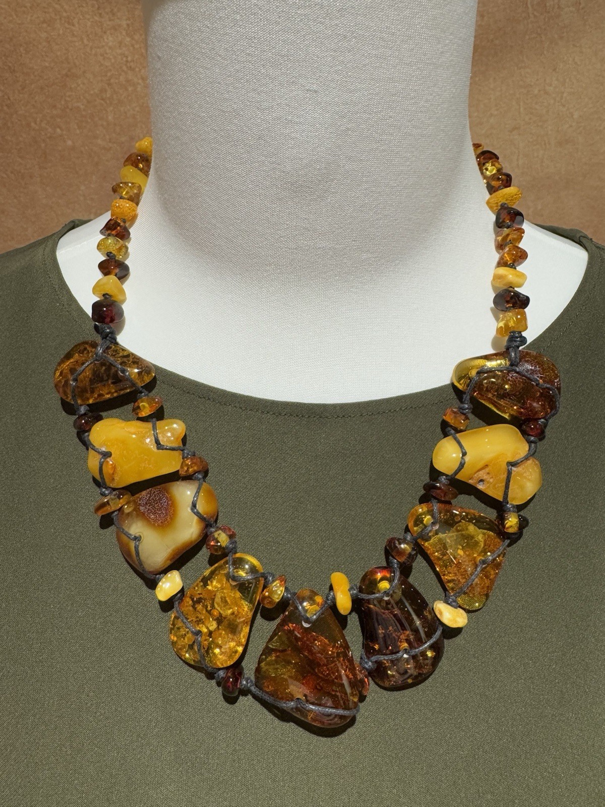 OOAK Natural Baltic Amber Statement Necklace Handmade Freeform Slab Macrame