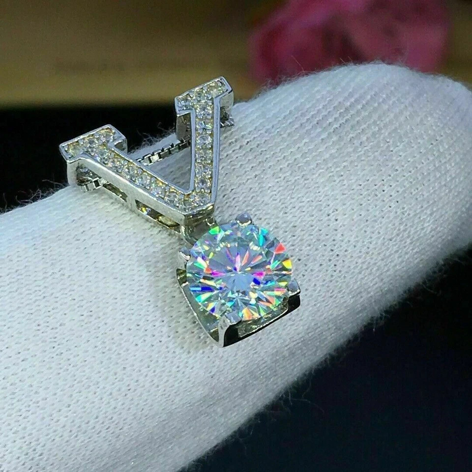 2 Carat Round Cut VVS1 Diamond V Shape Solitaire Pendant 14K White Gold Over