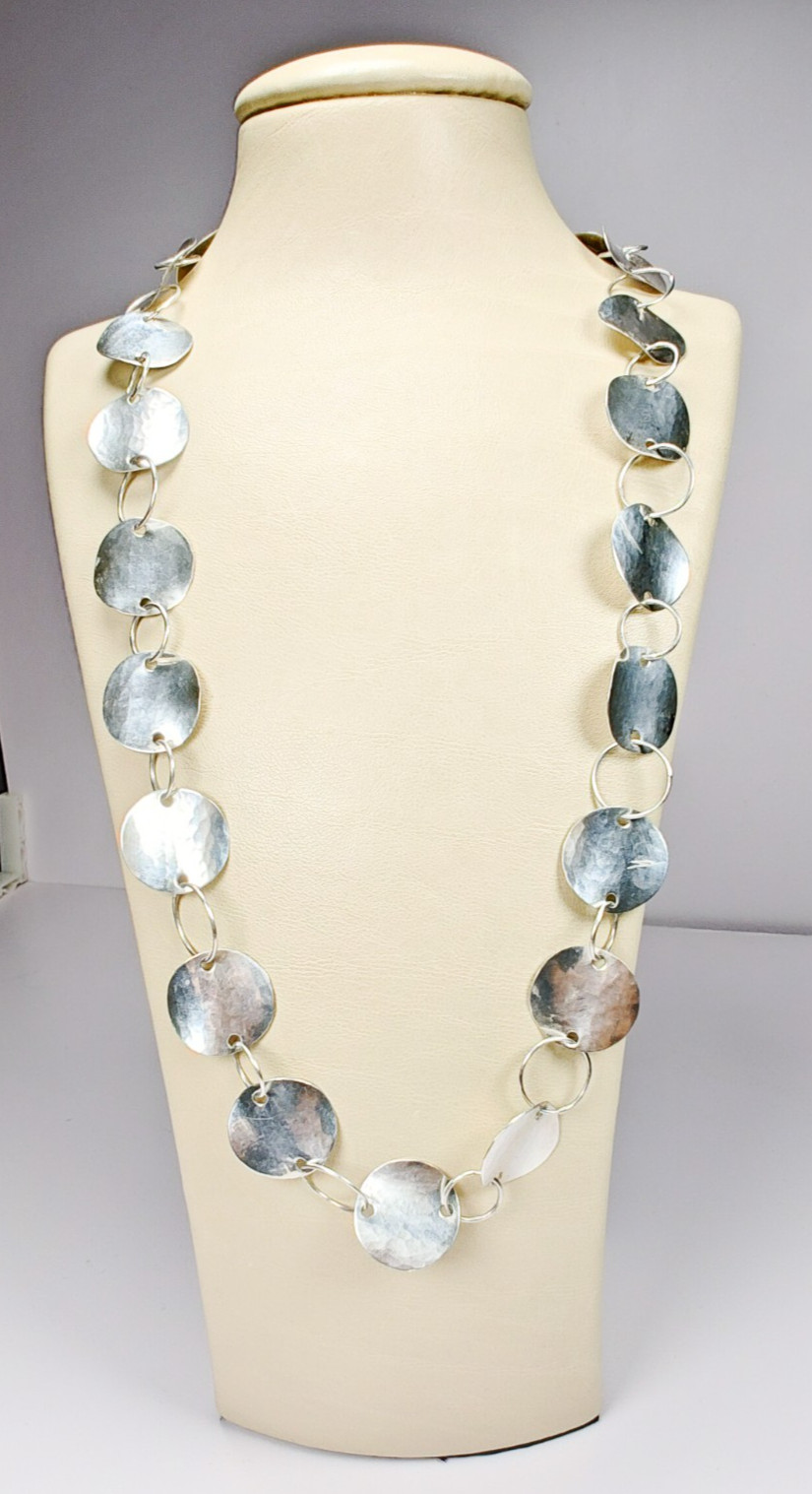 925 Sterling Silver Hammered Disc Link Necklace 26″ 25.22g Large Circles Tested