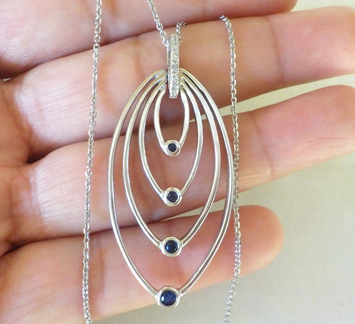 Modern 14K White Gold Blue Sapphire Diamond Necklace – 5.83 gms, 16 in, 0.20 ctw