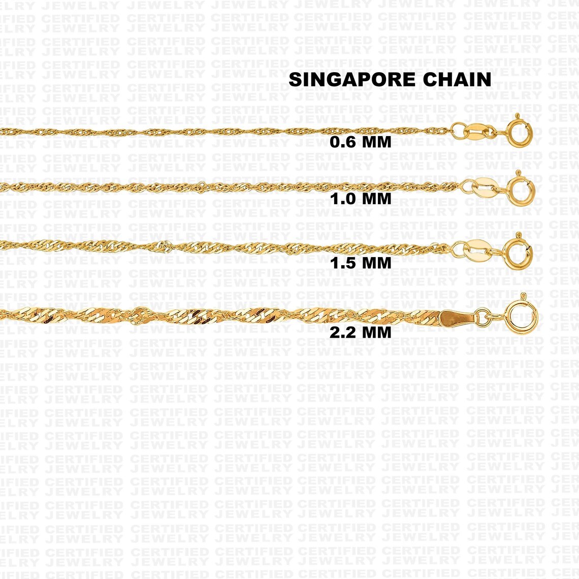 10K Solid Yellow Gold Singapore Rope Chain Necklace, 7″ To 30″ Inches