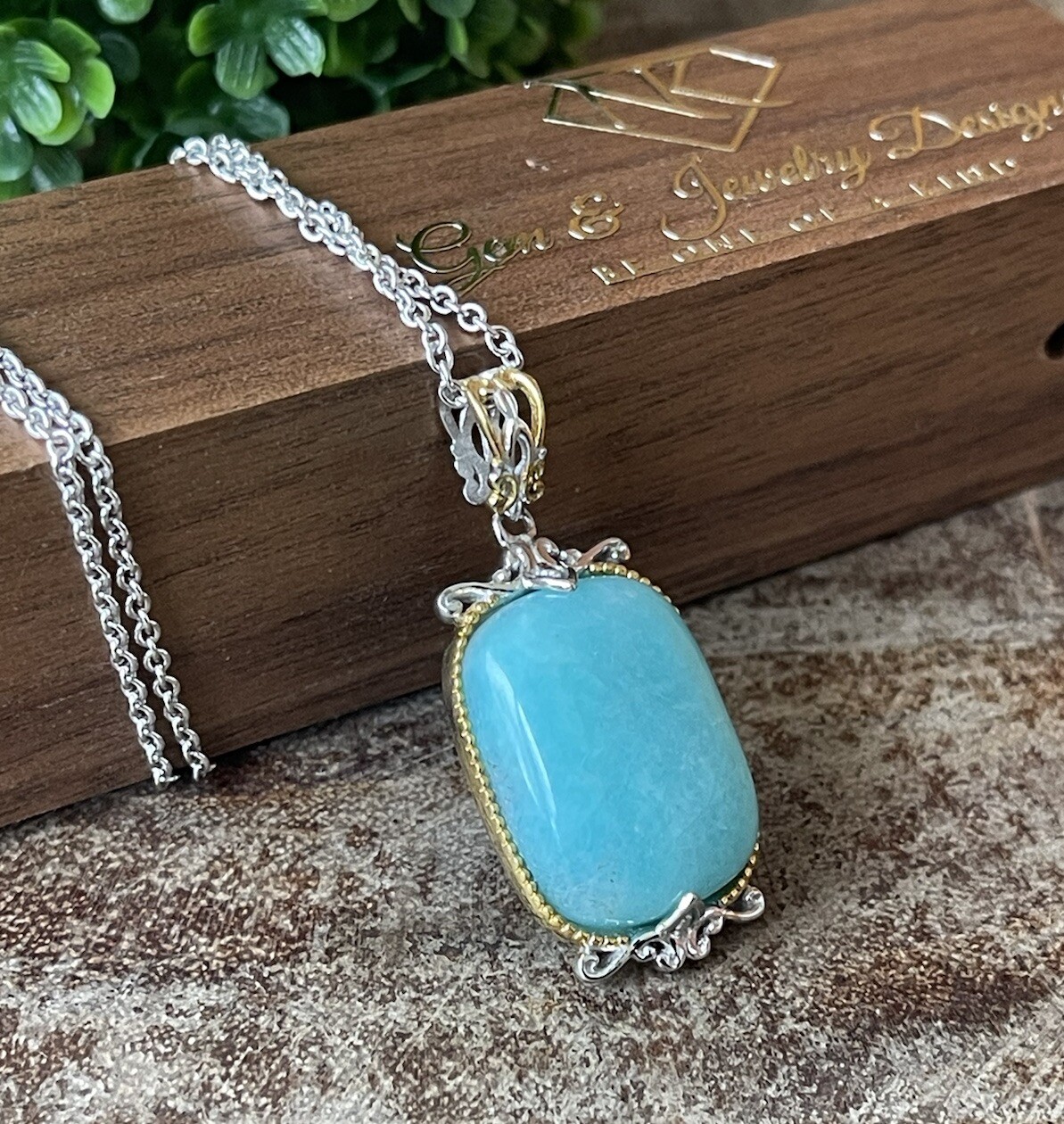 Peruvian Amazonite Cushion Cut Pendant W/Chain 925 Sterling Silver Jewelry