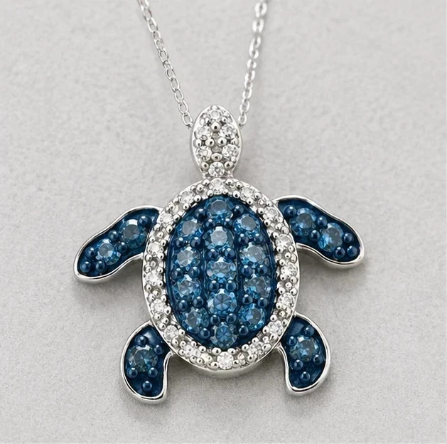 2.00Ct Round Cut Lab-Created Blue Diamond Turtle Pendant 14K White Gold Plated