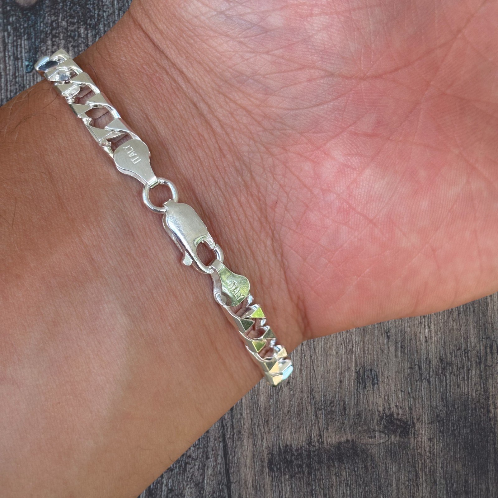 6mm Square Curb Link Bracelet – Real Solid 925 Sterling Silver MADE IN ITALY