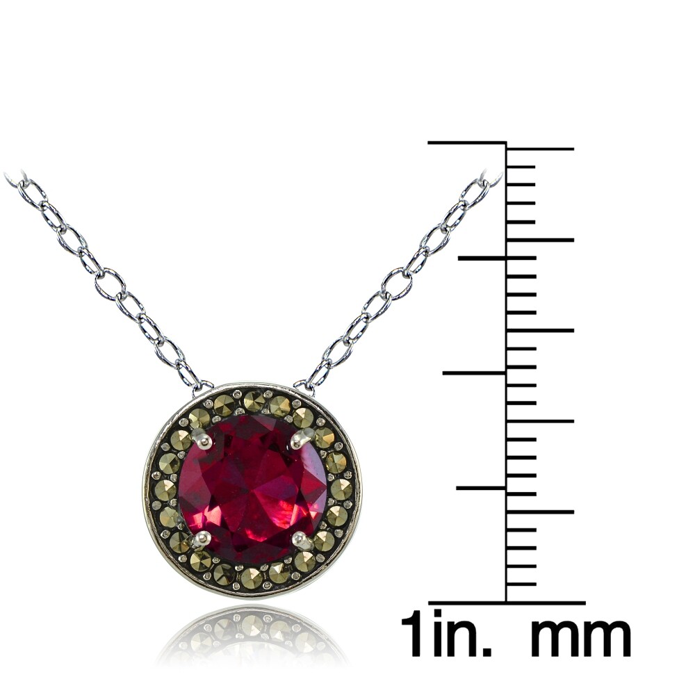 Sterling Silver Created Ruby and Marcasite Halo Necklace