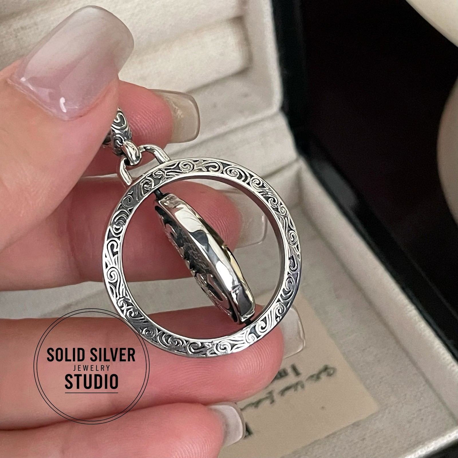 Spinner Compass&Fleur de Lis Pendant 925 Silver Amulet Vintage Medallion Jewelry