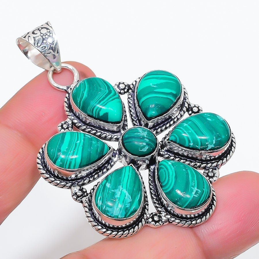 Green Malachite Gemstone Handmade 925 Sterling Silver Jewelry Pendant Size 2.5″