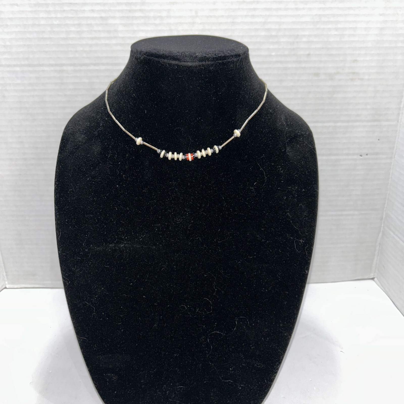Southwestern Choker Liquid Sterling Silver/Orange Black White Bead Necklace 16”
