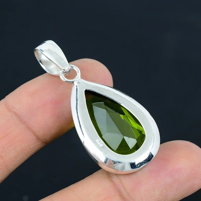 Handmade Green Peridot Pear Gemstone Pendant: 925 Sterling Silver Jewelry