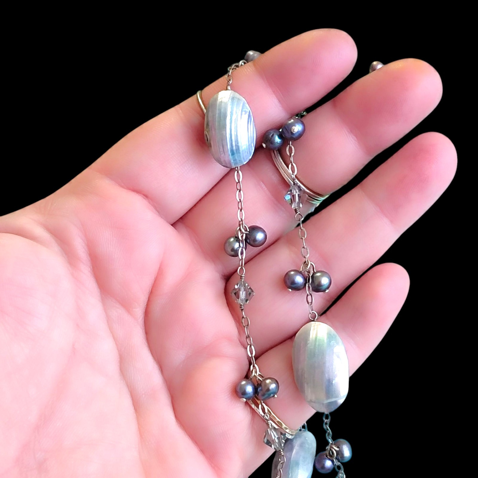 Vtg 36in Sterling Silver 925 Black & Lavender Pearl Sea Shell Station Necklace