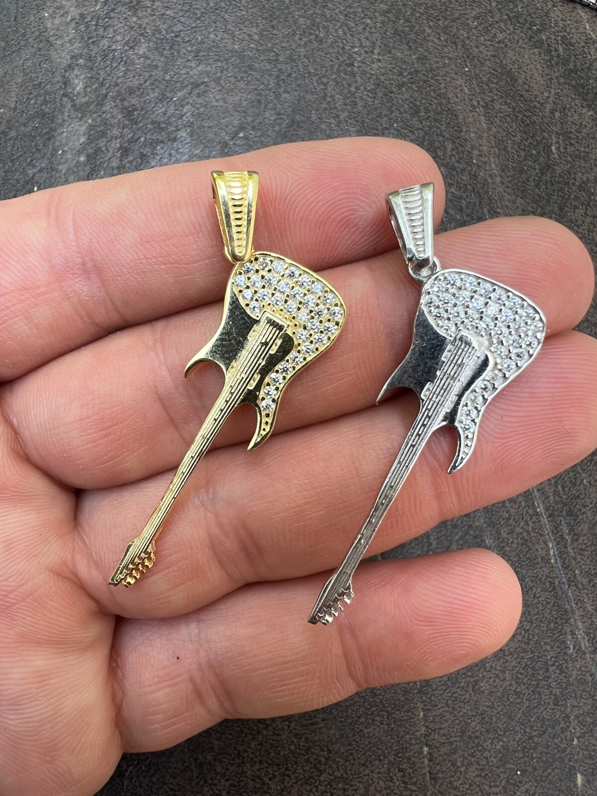 Real 925 Silver / 14k Gold Plated Electric Guitar Rockstar Pendant Necklace CZ