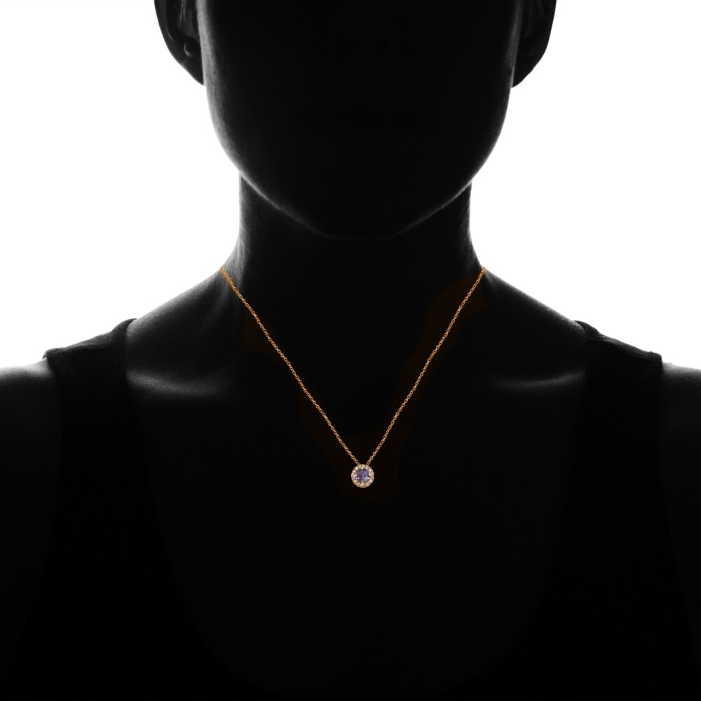 Yellow Gold Flash Sterling Silver Simulated Alexandrite & CZ Round Halo Necklace