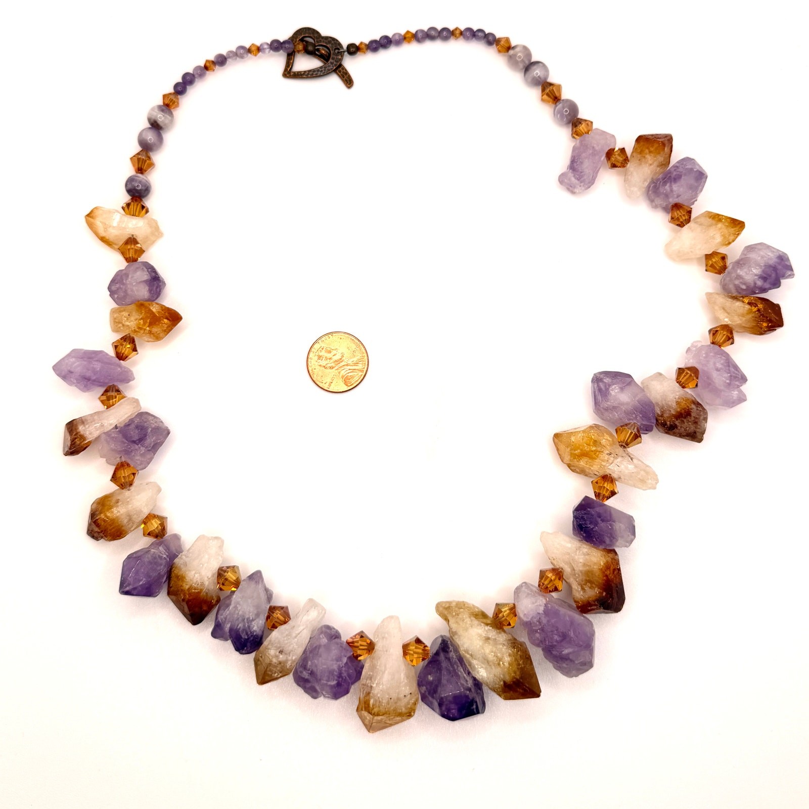 Vintage 90s Raw Amethyst Citrine Large Crystal Copper Heart Toggle Necklace