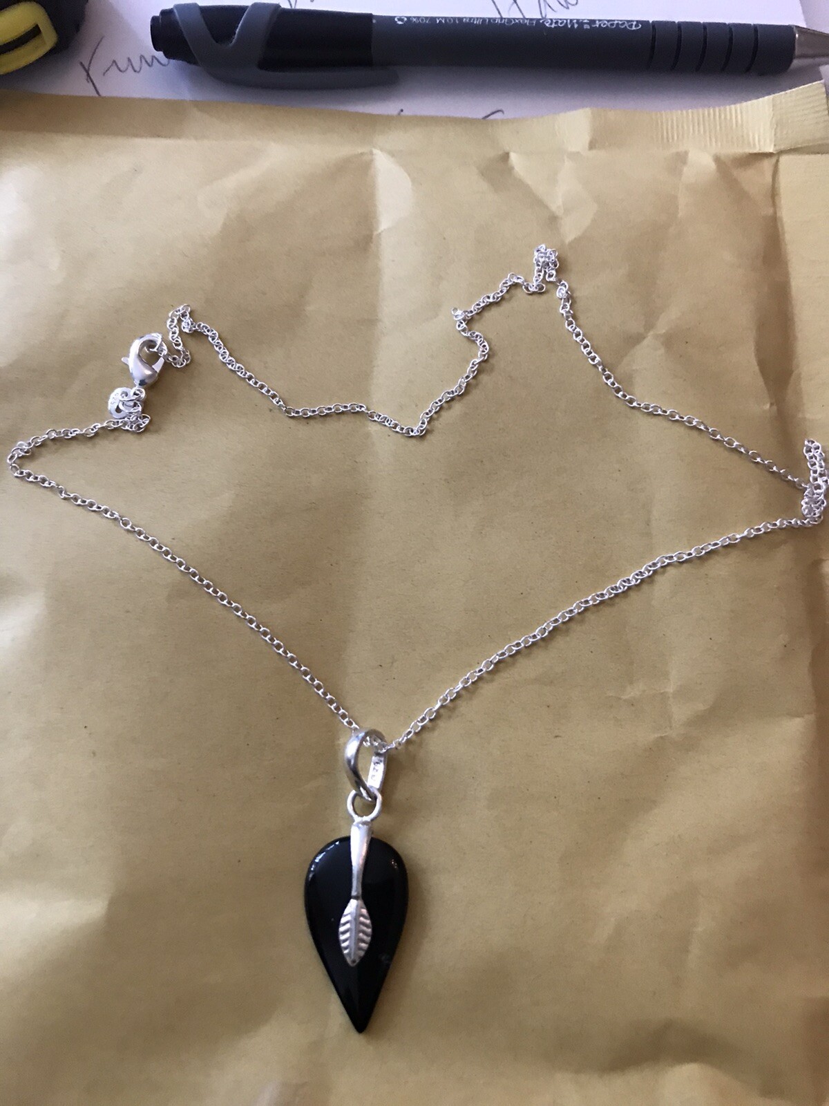 Black Onyx Modernist 925 Silver Pendant and Chain 20”.Leaf Design.UK SELLER.NEW