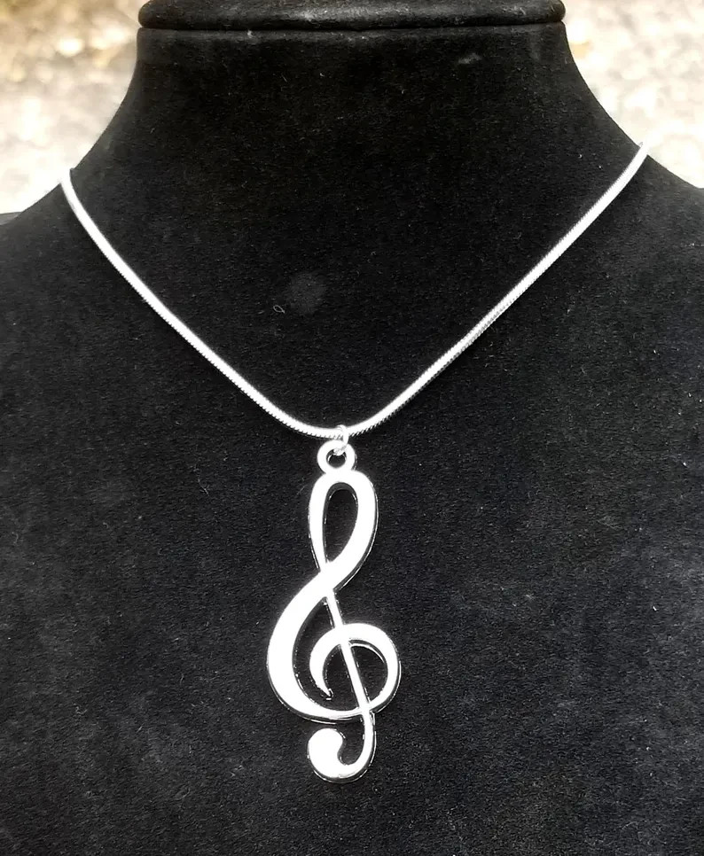 Large Stainless Steel Treble Clef Pendant Necklace, Music Note Necklace