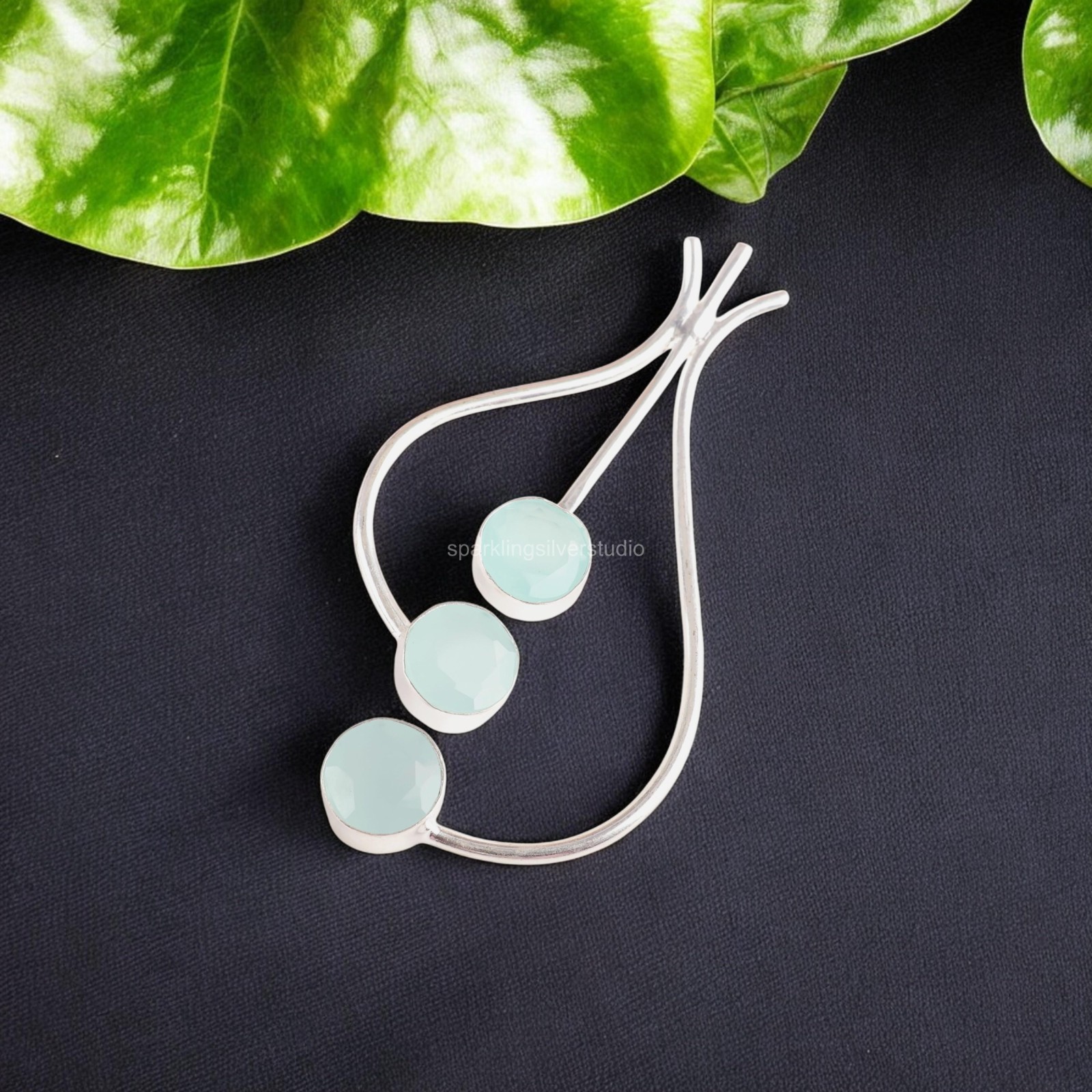 925 Silver Aqua Chalcedony Gemstone Jewelry Handmade Trendy Pendant 2.2″ For Her
