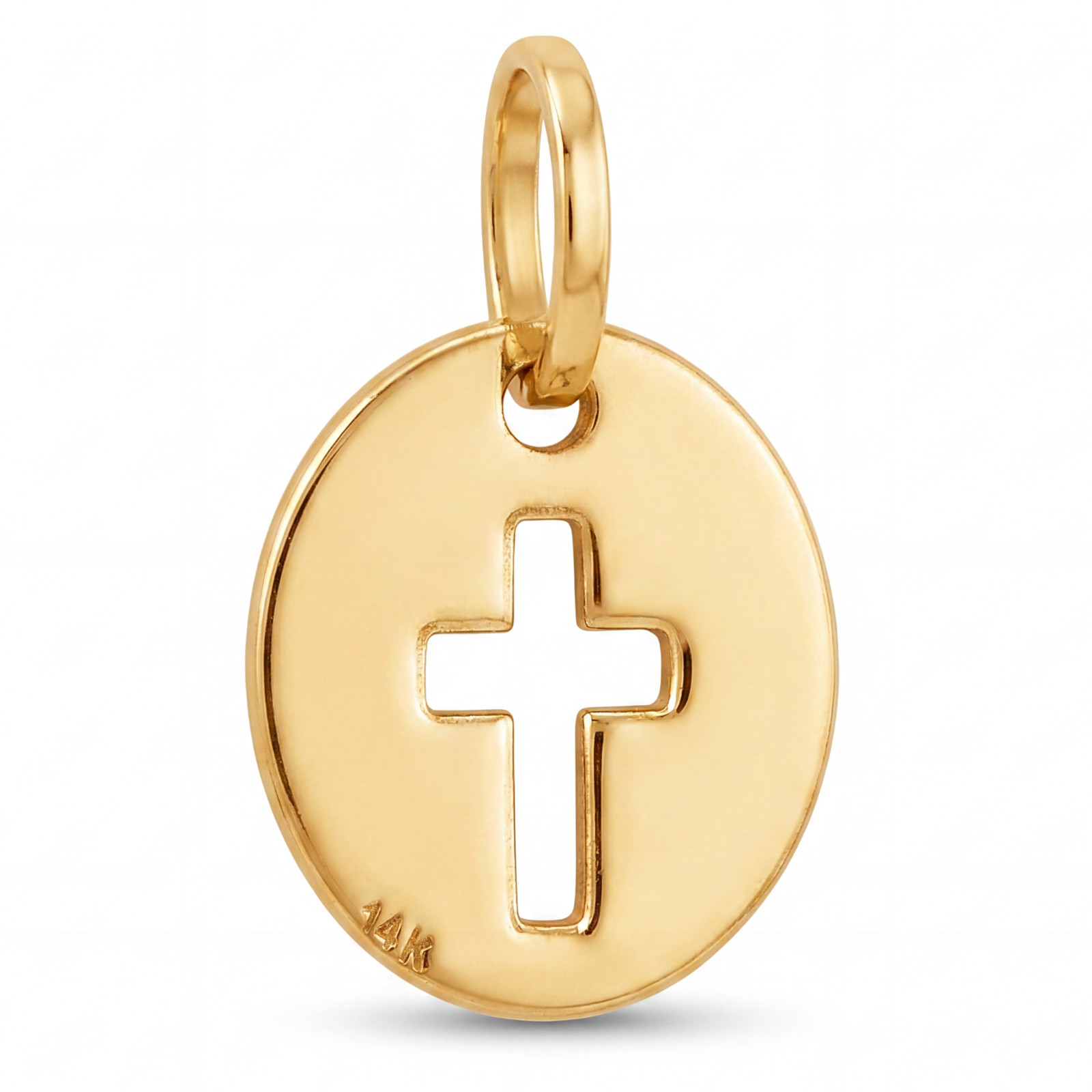 14k Solid Yellow Gold Cross Laser Cut Delicate Beautiful Round Charm Pendant