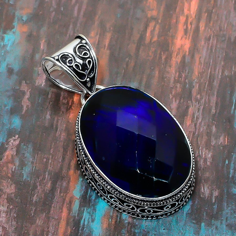London Blue Topaz Gemstone Handmade Gift Jewelry Pendant 2.05″ v464