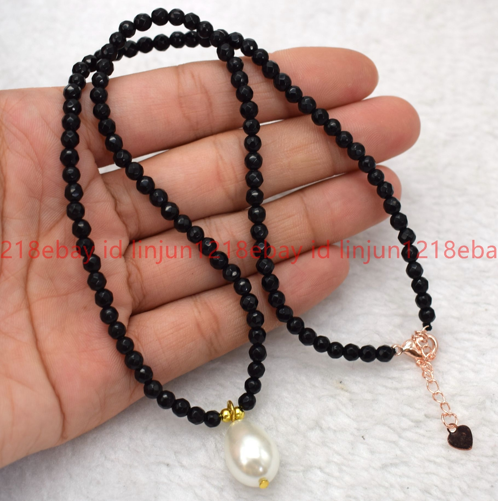 Faceted 4mm Black Agate Round Gems White Shell Pearl Pendant Necklace 16-28in