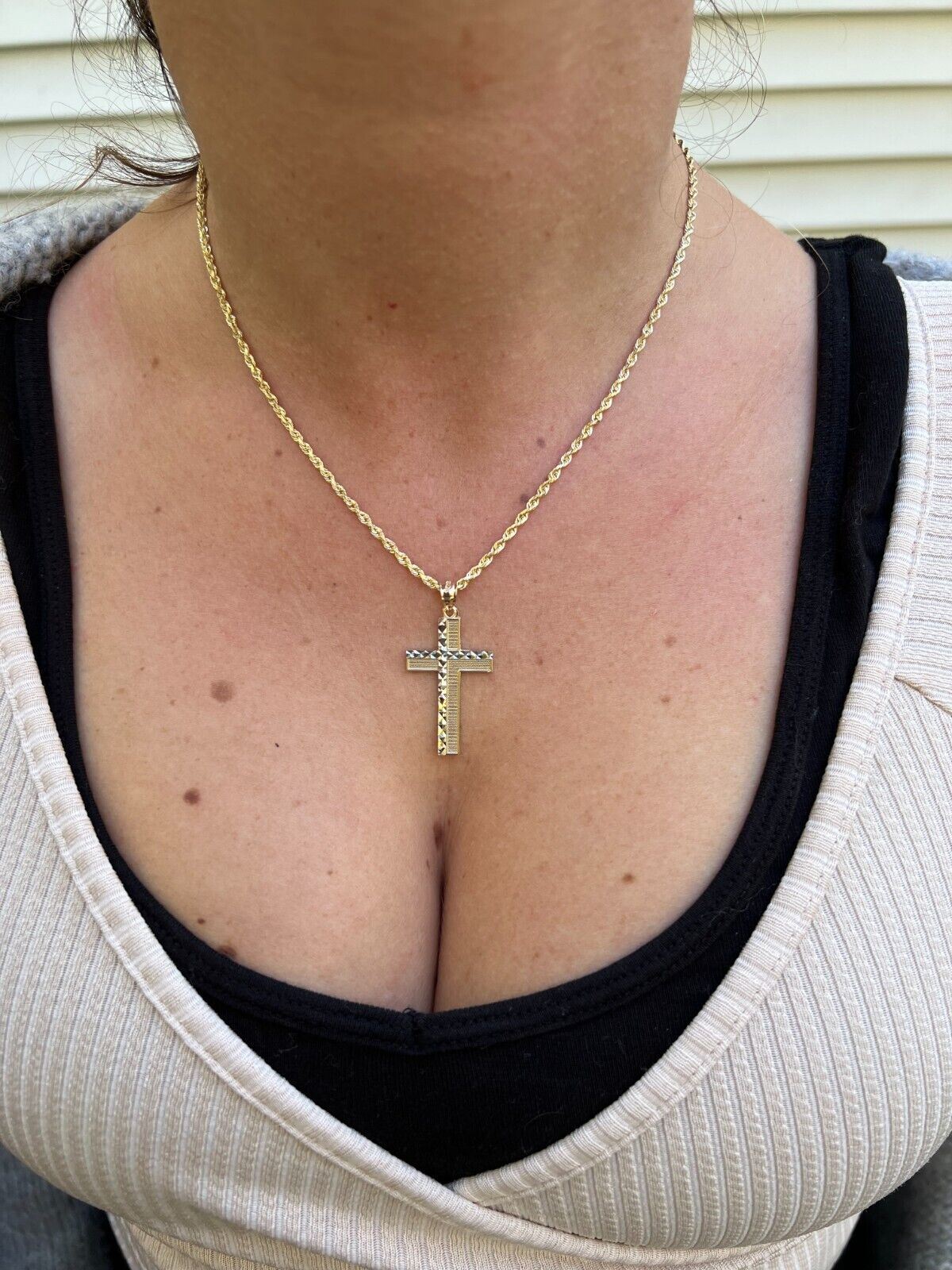Real 14k Solid Yellow & White Diamond Cut Gold Cross Crucifix Pendant Necklace