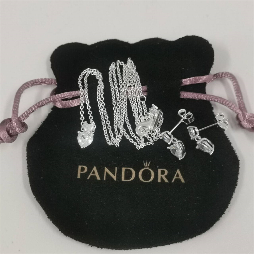 Pandora Sparkling Double Stud Earrings Pendant Necklace set-45cm