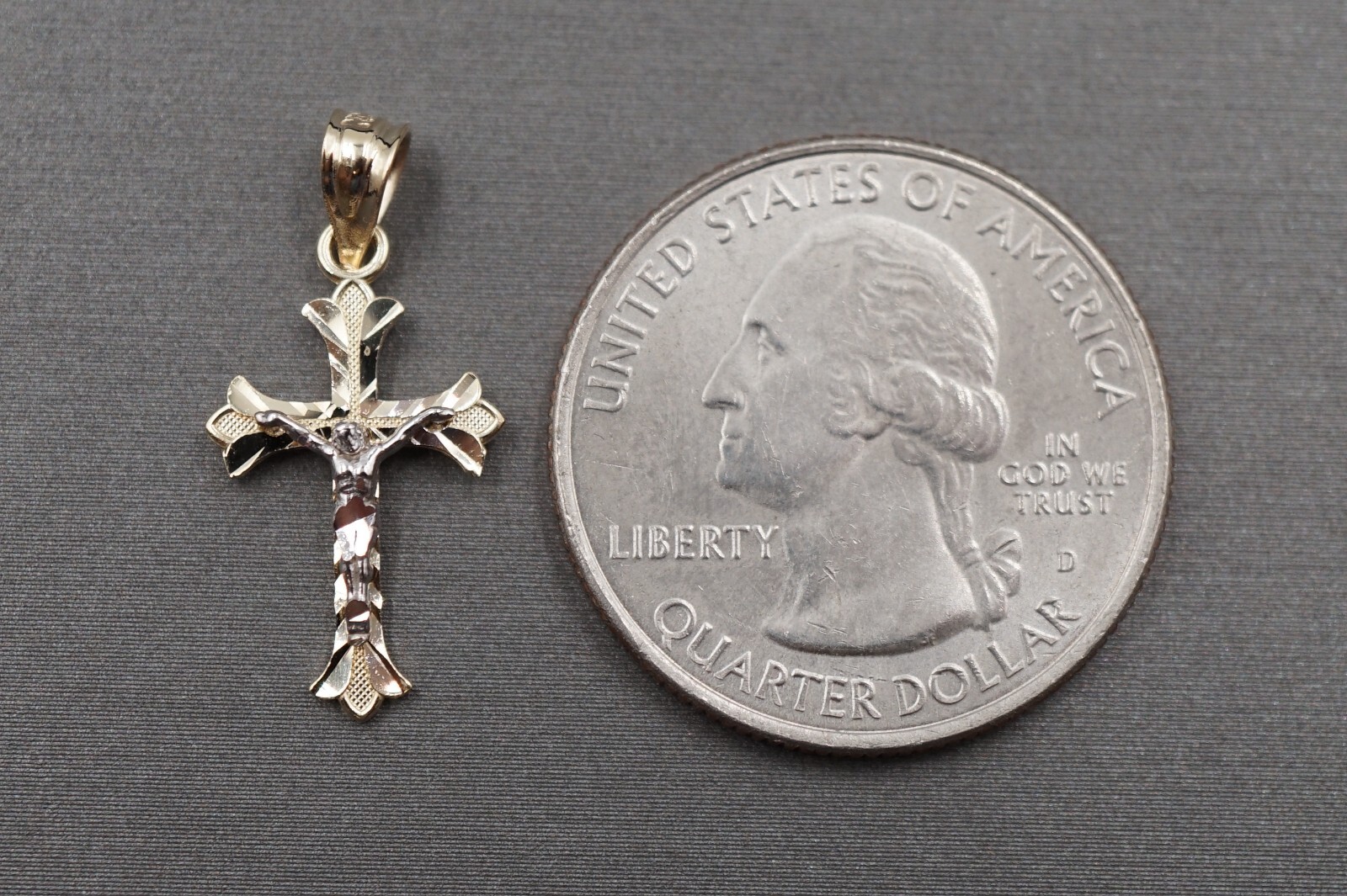10K Solid Yellow Gold 0.9″ Two Tone Diamond Cut Crucifix Cross Charm Pendant.