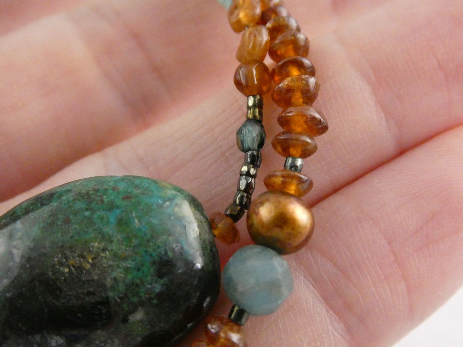 Sterling Silver Amber Chrysocolla Multi Gemstone Two Strand Necklace 17.5 In 19g