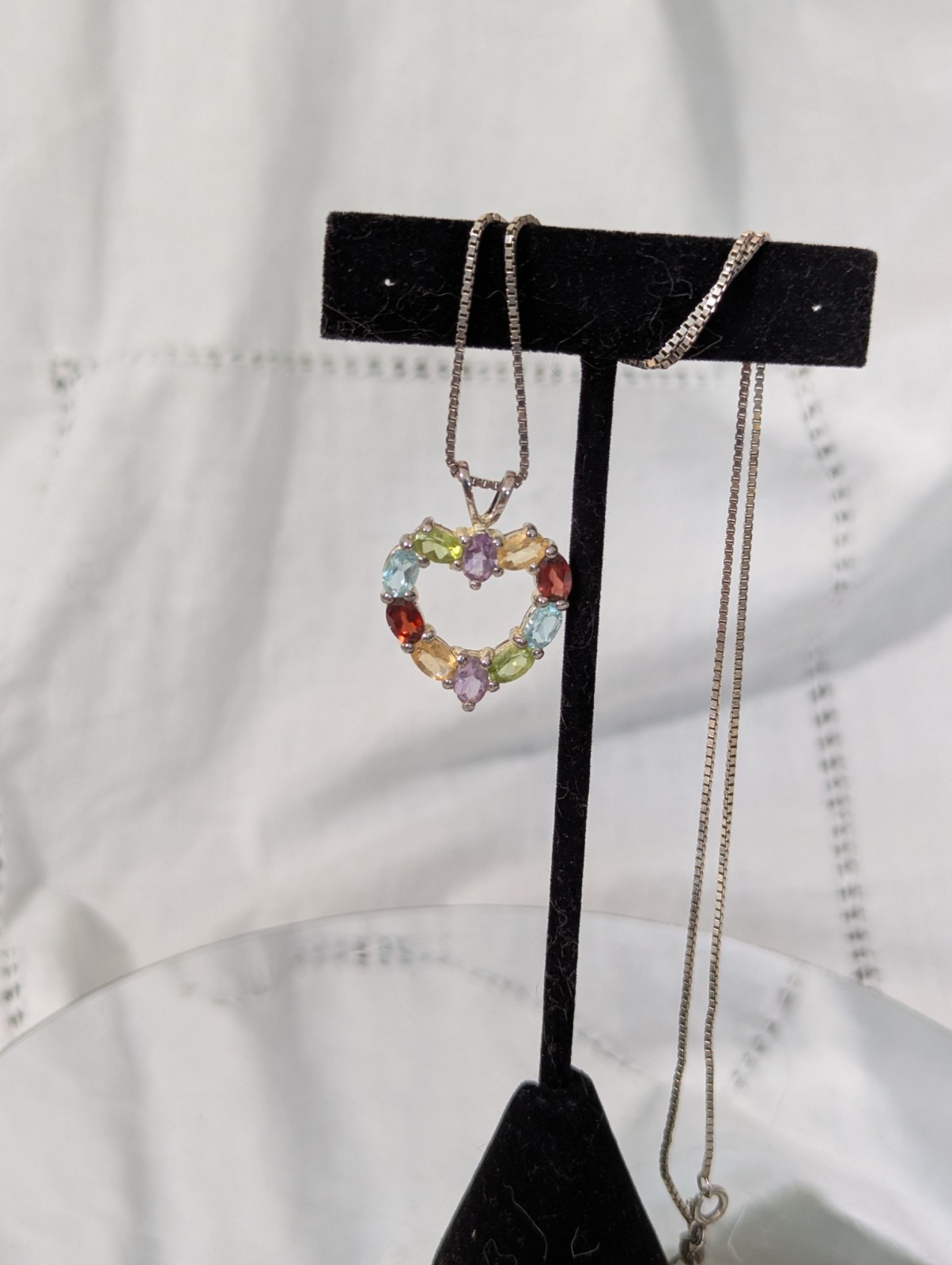 925 Silver Multiple Gemstone Open Heart Pendant Necklace 18″L