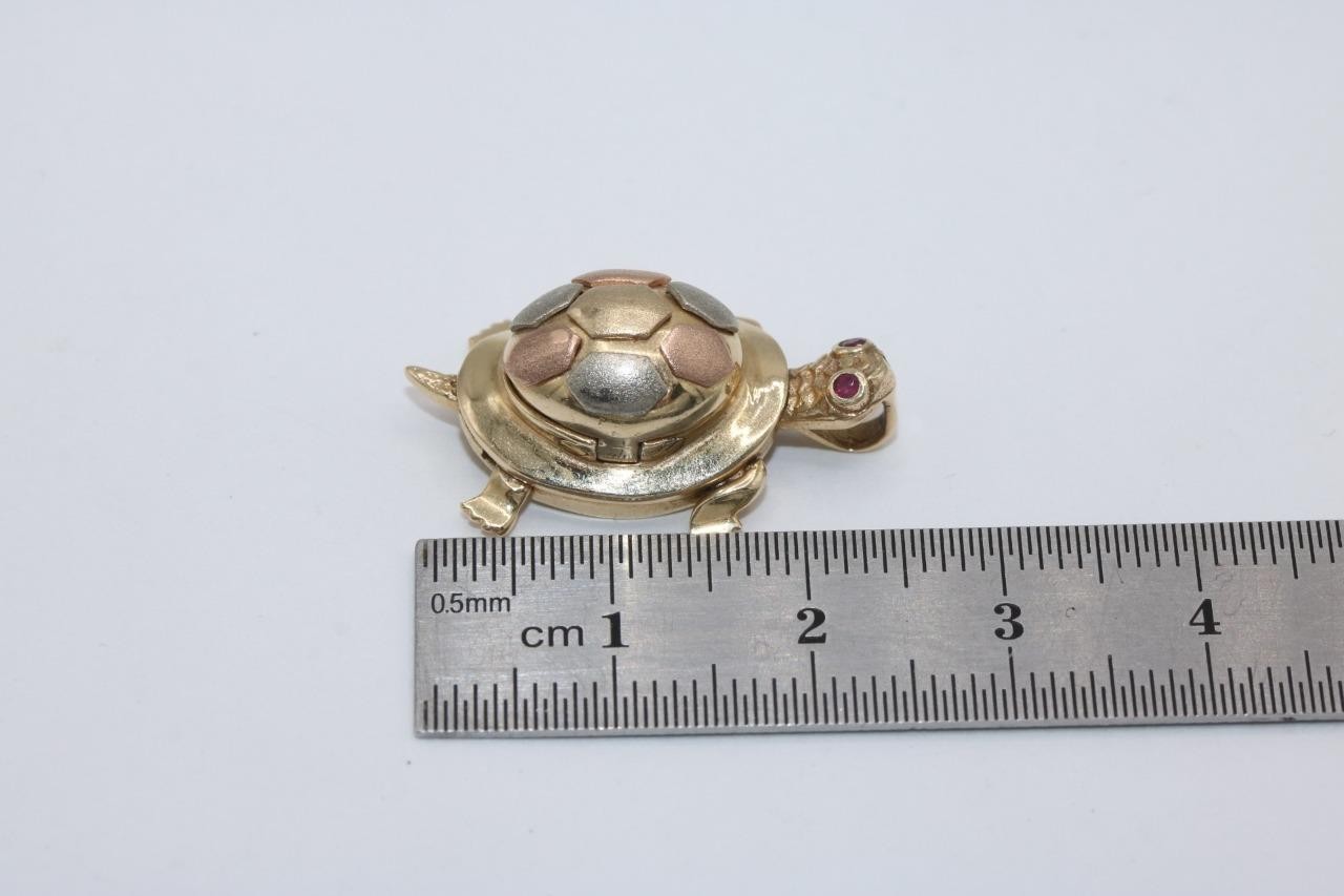 14K Tri Color Gold Turtle Pendant Charm with Red Stones Religious Virgin Mary