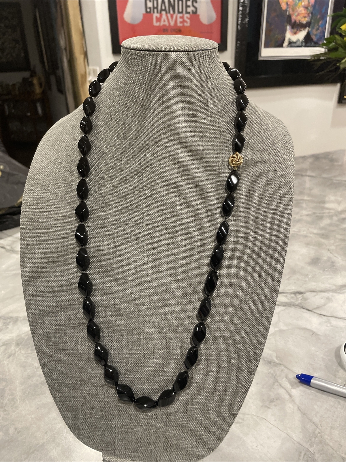 CLASSIC BLACK ONYX KNOTTED BEAD NECKLACE ~ 32 in Long 14 K YELLOW GOLD CLASP.