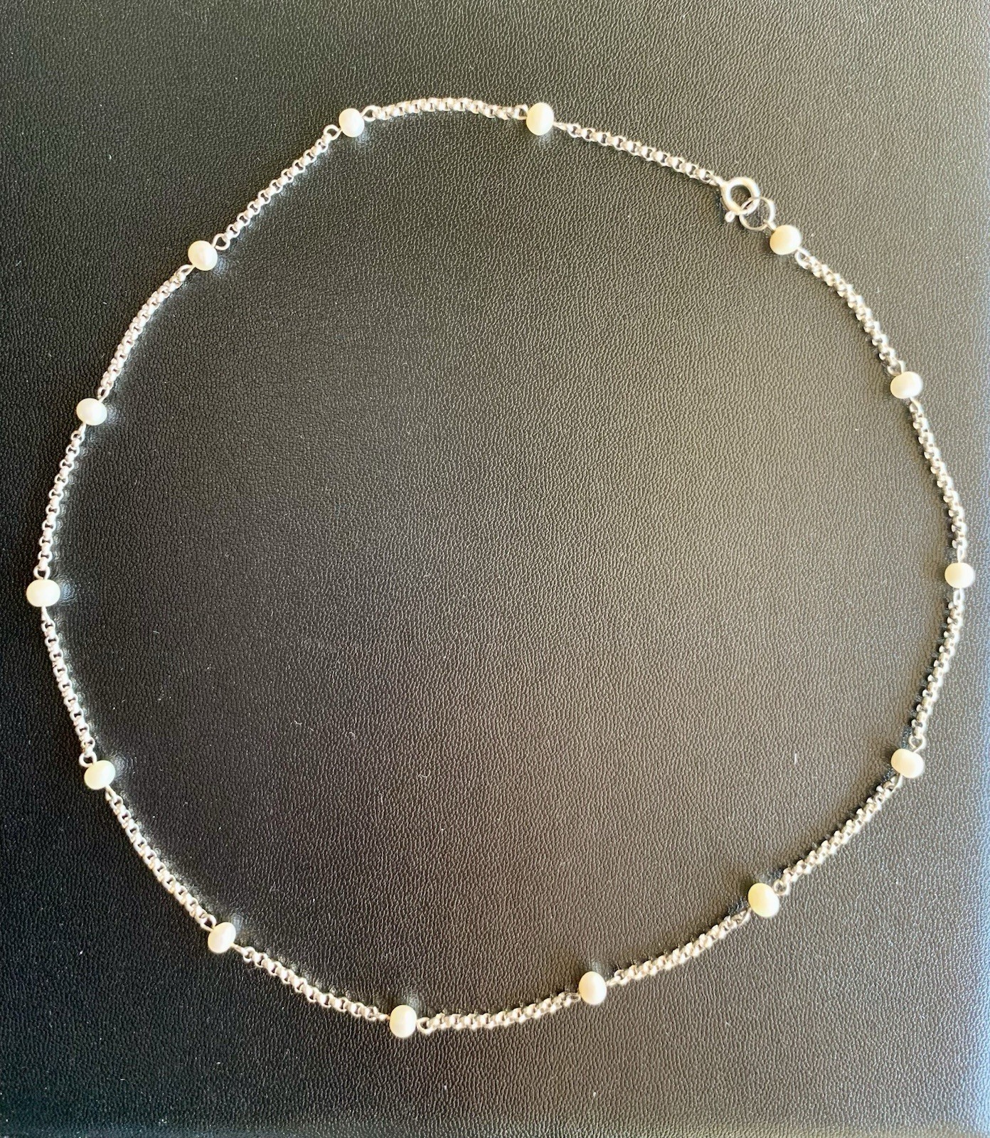 Sterling Silver Box Chain Pearl Bead Station Necklace Minimalist Dainty 16.5”