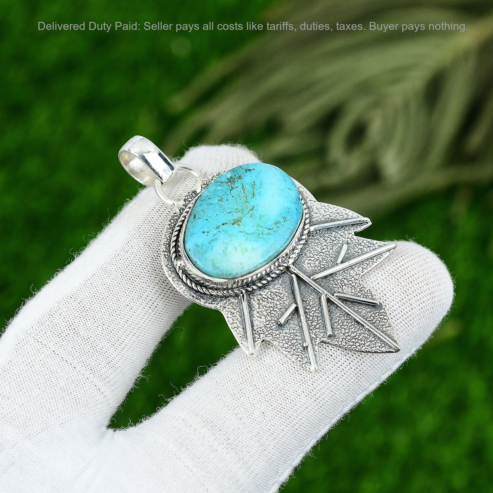 Oval Natural Tibetan Turquoise Wife Handcrafted Bezel Pendant Jewelry 925 Silver