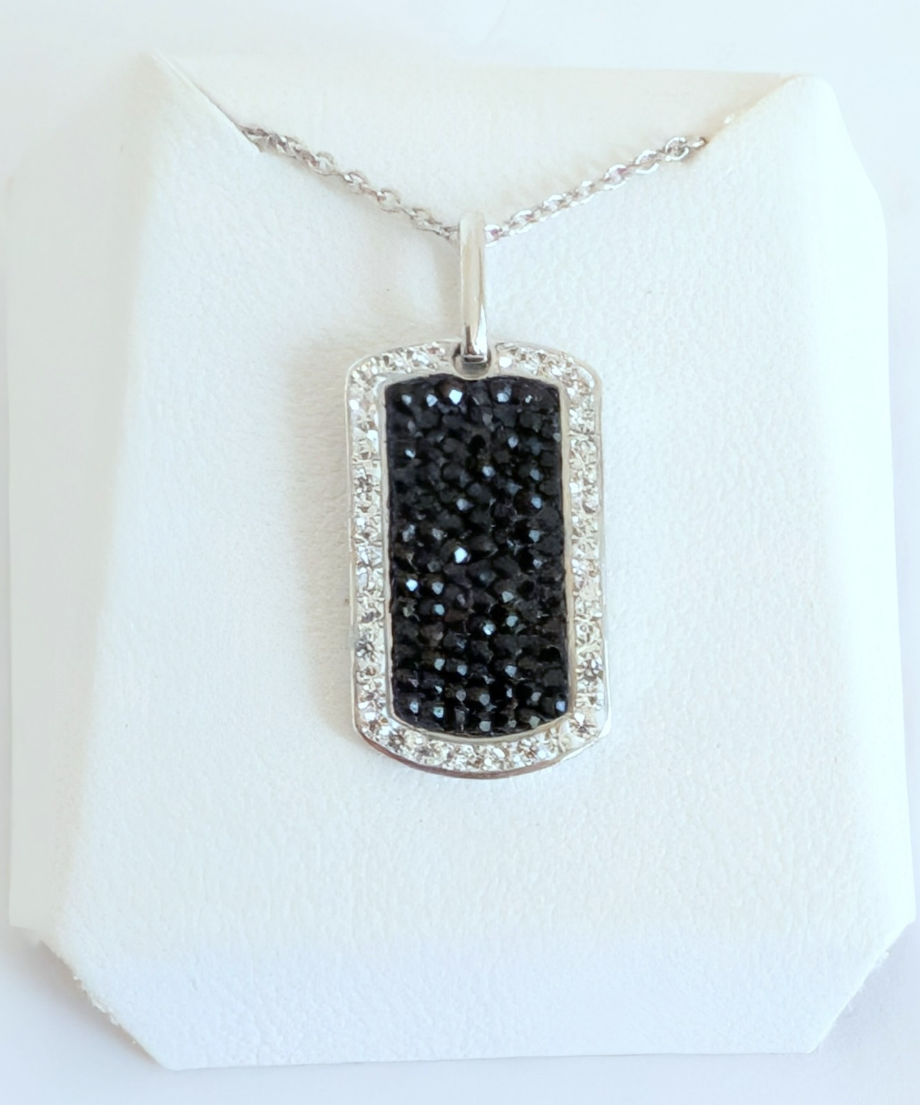 Gorgeous .925 Sterling Silver Black/Clear Crystal Rectangle Pendant Necklace